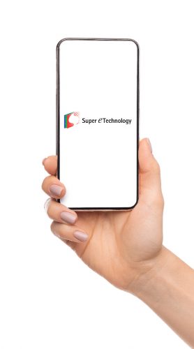 Female hand holding cellphone with big blank screen over white background, free space